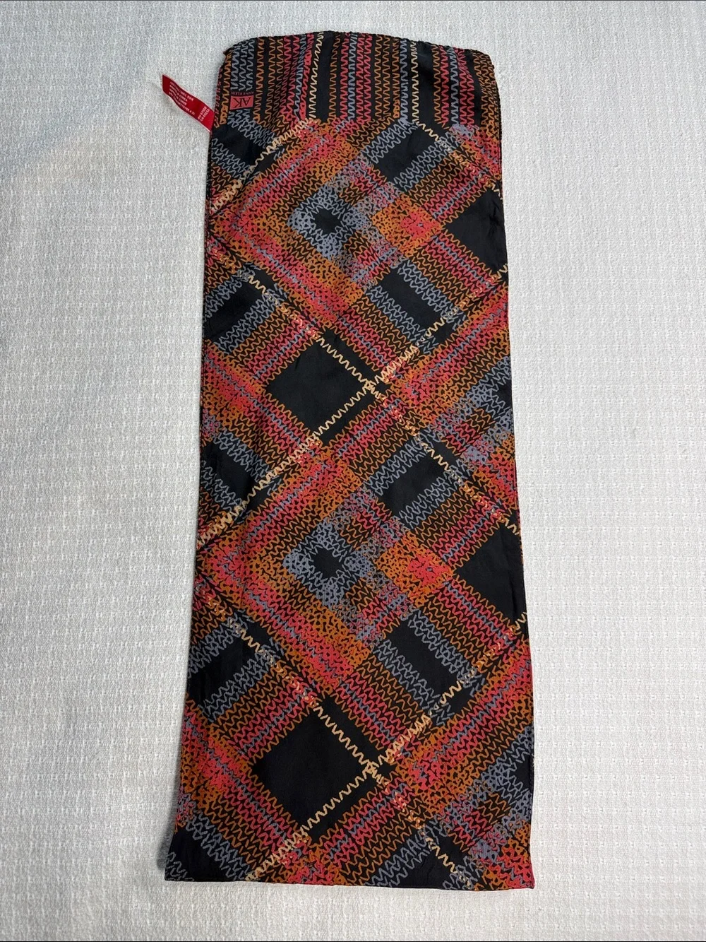 Anne Klein silk scarf black orange pink yellow blue squiggle line plaid print